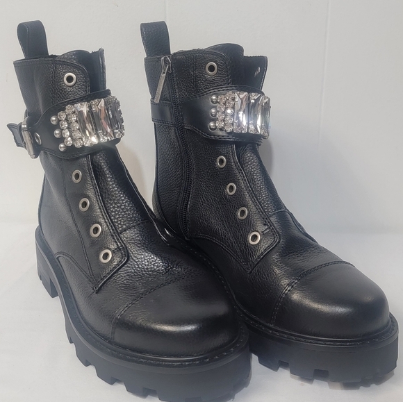 Karl Lagerfeld Paris Women's Maeva Combat Boot Crystal Embellished Buckles 7.5 - Picture 7 of 8